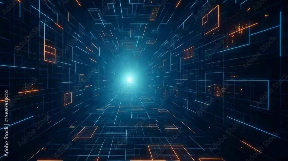 Aufkleber a mesmerizing digital tunnel illuminated by blue and orange lights, creating a sense of depth and sp