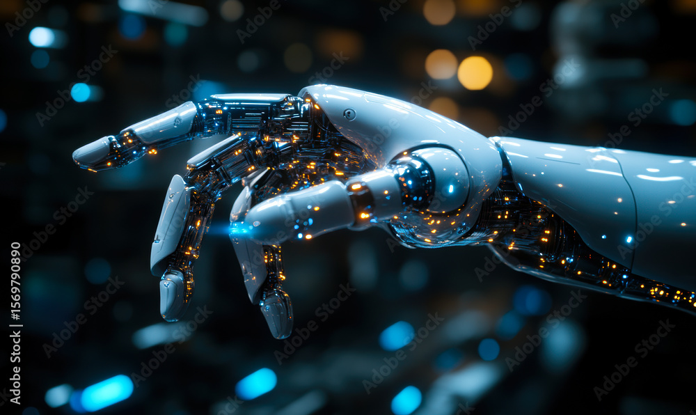 Poster close up of futuristic robotic hand with illuminated circuitry and reflective surface in dark techno