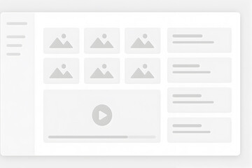Minimalist grayscale wireframe of a video content dashboard with thumbnail previews, play button UI, sidebar menu, and modular content layout for modern web interface prototypes