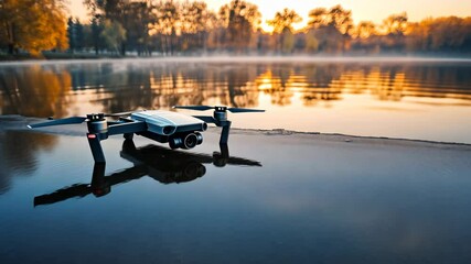 Drone resting on water's edge at sunrise - Powered by Adobe
