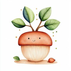 Smiling Cartoon Mushroom with Green Leaves Watercolor Illustration
