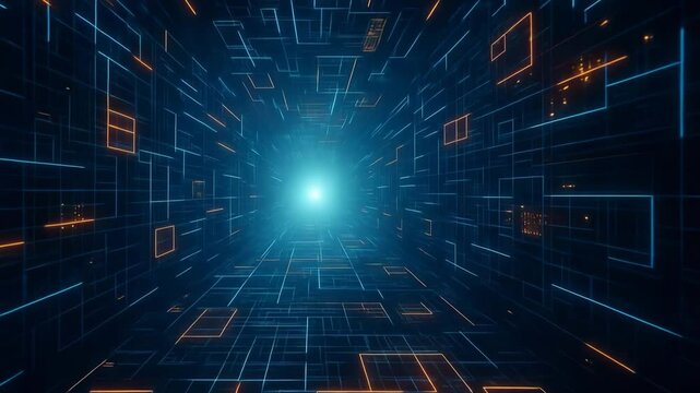 A mesmerizing digital tunnel illuminated by blue and orange lights, creating a sense of depth and speed. This abstract representation of technology evokes futuristic themes.