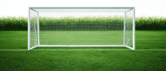 The soccer goal standing on a lush green field ready for action.