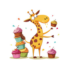 Funny giraffe sneezing and knocking over cupcakes cartoon vector illustration, cute animal mishap, humor, white background, clean design.