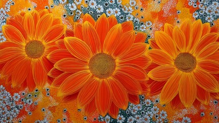 Vibrant floral-themed artwork featuring three large orange flowers with elongated petals, yellow-orange highlights, and dark lines. 