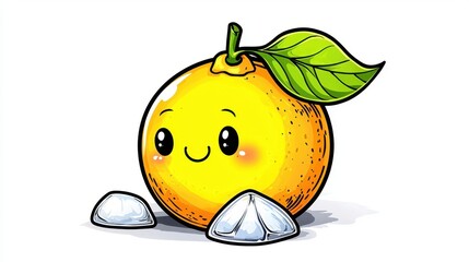 Smiling Cartoon Orange with Ice Cubes Pixel Art Illustration