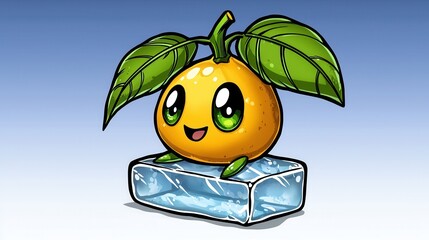 Smiling Cartoon Orange on Ice Cube, Pixel Art Illustration