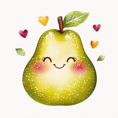 Smiling Cartoon Pear with Hearts and Leaves Watercolor Illustration