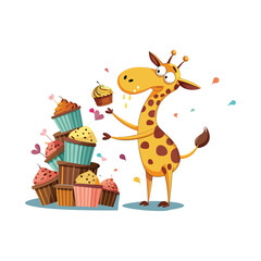 Funny giraffe sneezing and knocking over cupcakes cartoon vector illustration, cute animal mishap, humor, white background, clean design.