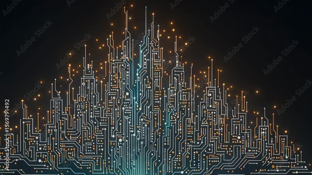 Aufkleber an abstract representation of a futuristic cityscape formed by intricate circuit patterns and glowin