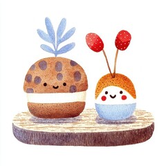 Smiling Cookie and Fruit Dessert Watercolor Illustration