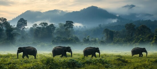 Elephant Group Walking in Green Field with Mountains