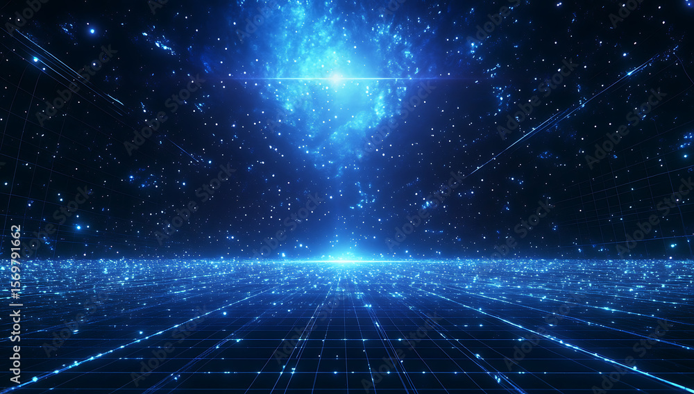 Poster an abstract digital background with a blue glowing light and dark space, grid lines, and a network o