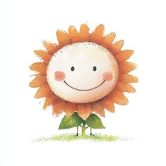 Smiling Orange Cartoon Sunflower on White Background