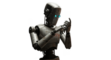 A detailed illustration of a weathered robot inspecting its hands.