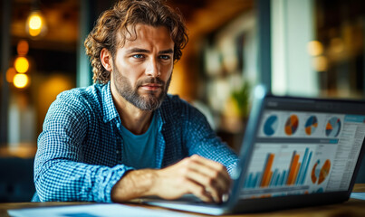 Focused businessman analyzing colorful financial charts and graphs on laptop screen in modern office environment