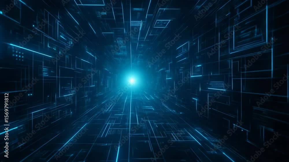 Poster futuristic digital tunnel with blue glowing lights and intricate circuits. this abstract background 