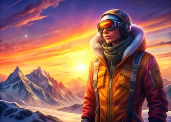 Stylish Skier Posing on Snowy Mountain Peak - Winter Fashion Photography