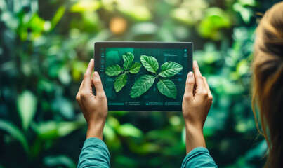 Hands holding tablet with augmented reality display showing detailed analysis of green leaves in natural outdoor environment with blurred background of foliage and person observing technology