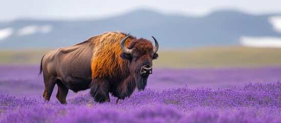 Bison Grazing in Field of Purple Flowers with Mountains in Background