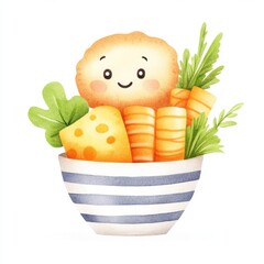 Smiling Potato Character with Carrots and Cheese in Striped Bowl Watercolor Illustration
