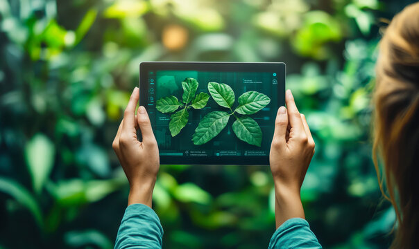 Hands holding tablet with augmented reality display showing detailed analysis of green leaves in natural outdoor environment with blurred background of foliage and person observing technology