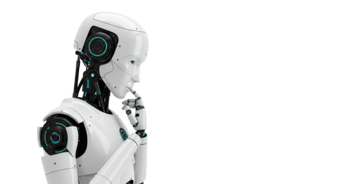 A white robot with teal accents, thoughtfully considering something, against a plain white background.