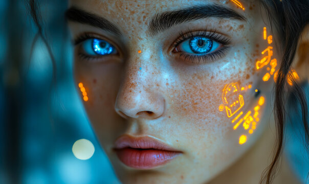 Close-up portrait of young woman with vibrant blue cybernetic eyes and glowing futuristic orange digital interface on face in sci-fi style technology concept