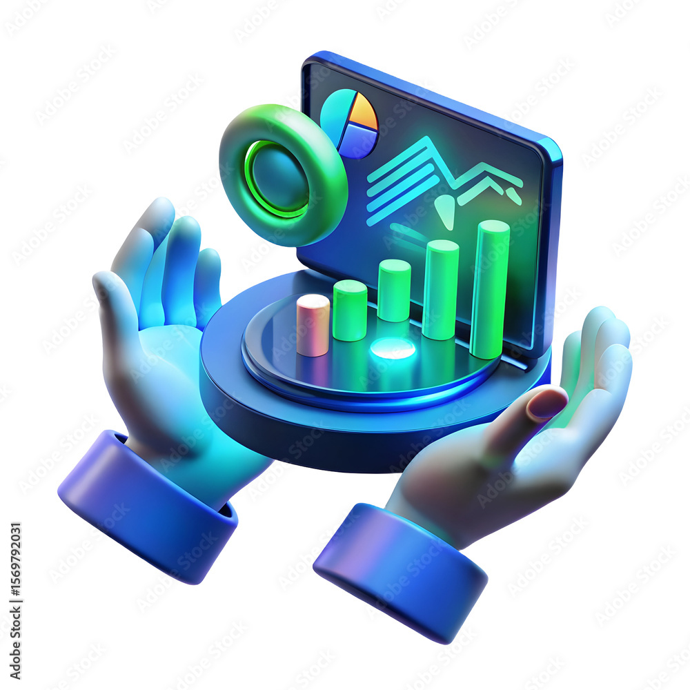 Poster 3d rendering of futuristic data visualization with glowing bars and pie chart held by hands isolated