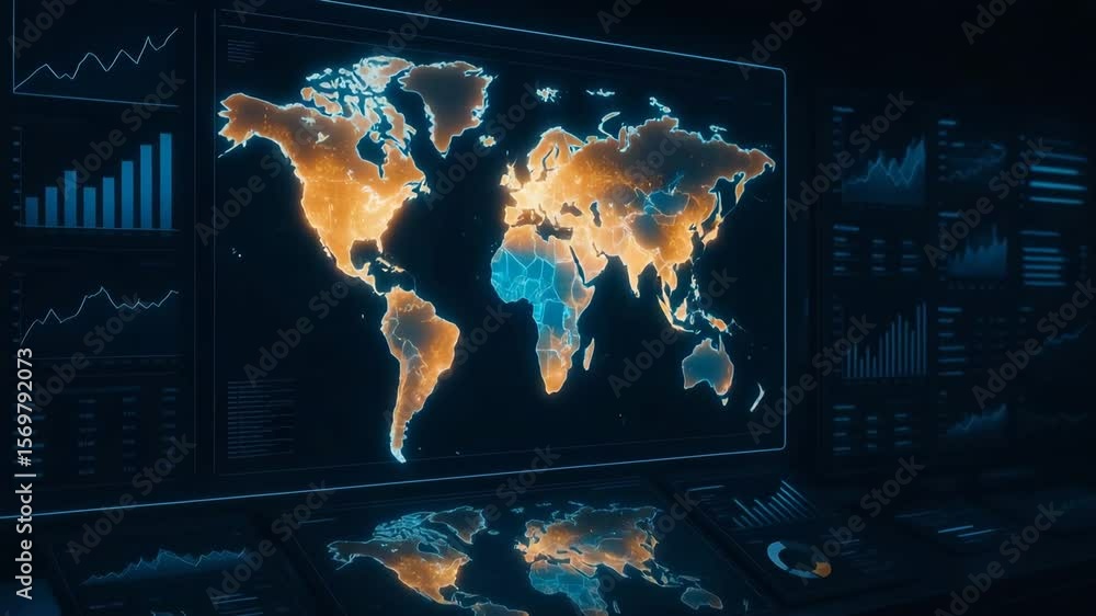 Aufkleber futuristic digital world map display with glowing regions, integrated data charts, and analytics. id