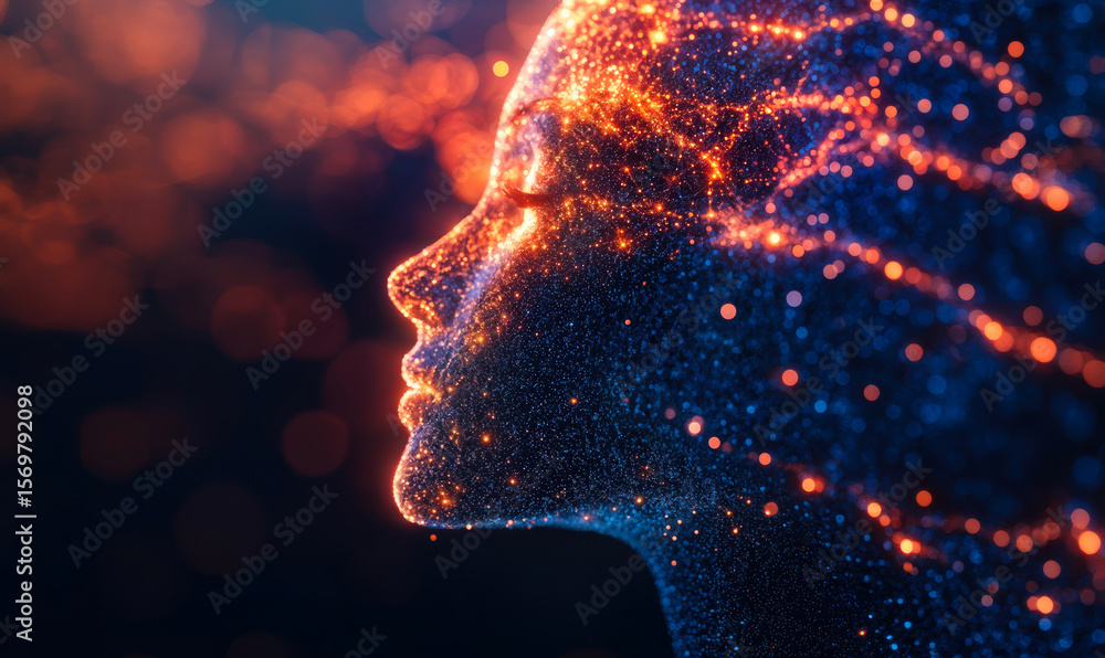 Poster abstract digital face composed of glowing particles and light trails symbolizing artificial intellig