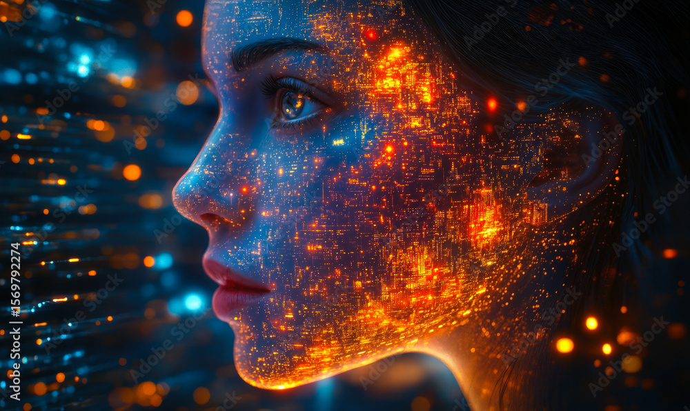 Poster futuristic close-up of woman face with glowing digital circuit patterns and cybernetic light effects