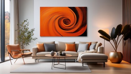 modern living room with abstract orange spiral painting