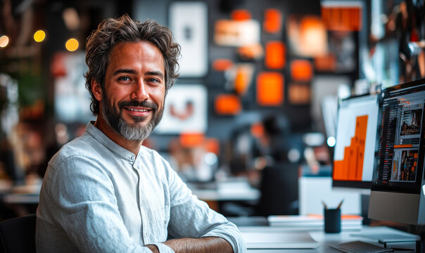 Smiling male graphic designer working at computer in creative office space with vibrant artwork on walls and digital design on screen