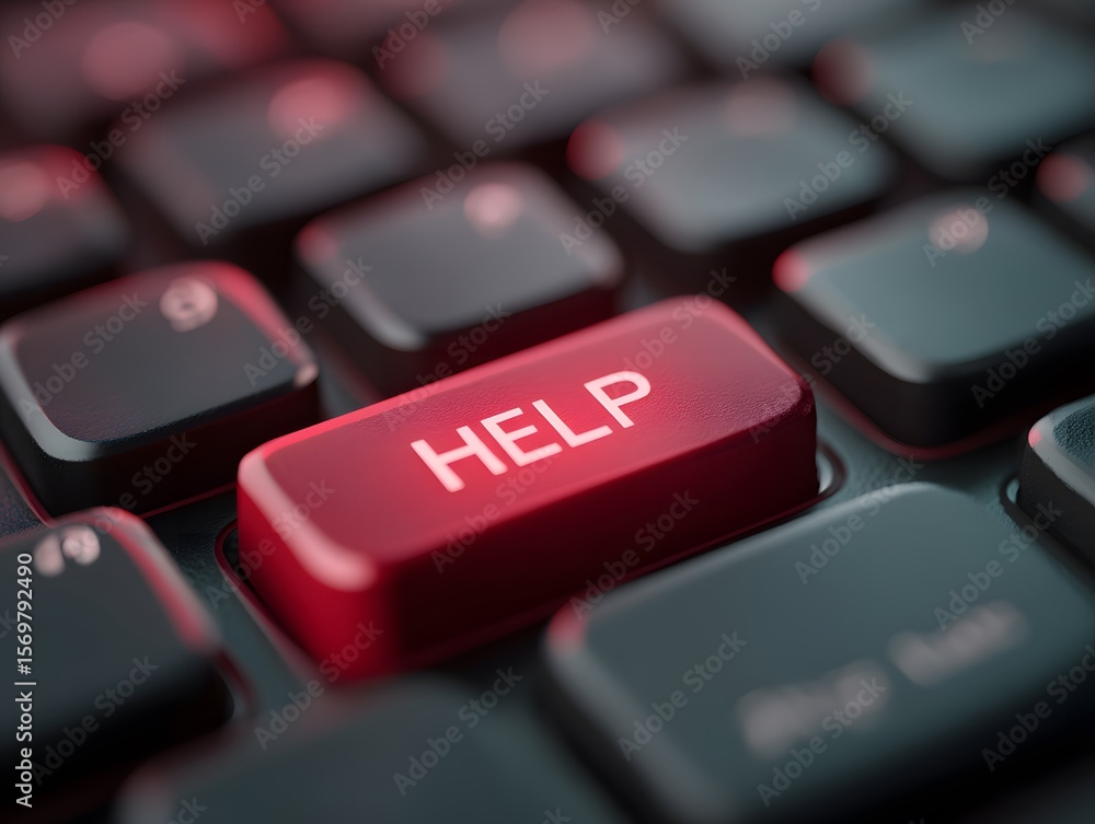 Poster help button on a computer keyboard with red illumination effect