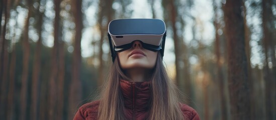 Woman Using Virtual Reality Headset in Forest