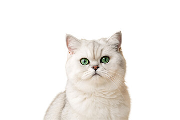 Obraz premium Silver tabby cat with striking green eyes gazing upward in close-up headshot portrait, isolated on a transparent background