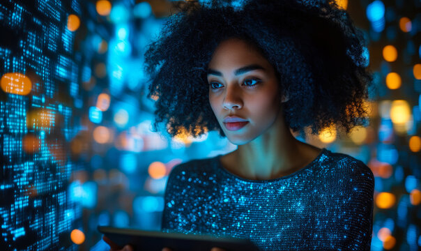 Thoughtful young woman using tablet with digital data visualization and glowing futuristic interface in blue and orange lights representing technology and innovation - Powered by Adobe