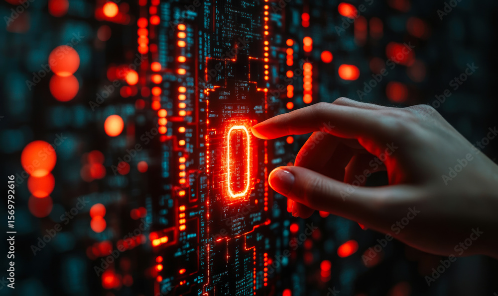Poster hand interacting with digital interface showing glowing red zero and futuristic circuit board data v