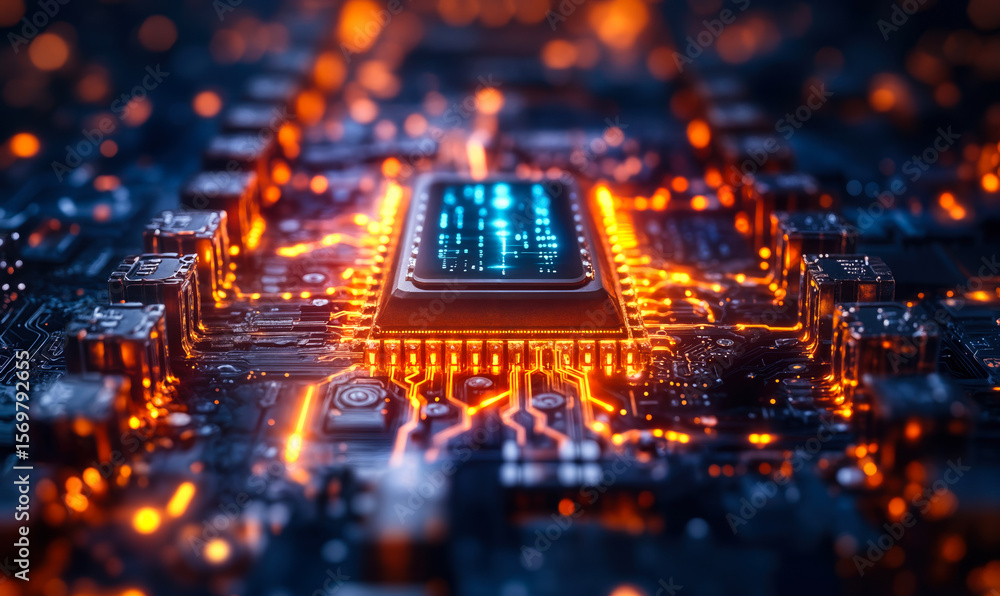 Poster close up of glowing microchip and circuit board with orange and blue lights highlighting electronic 