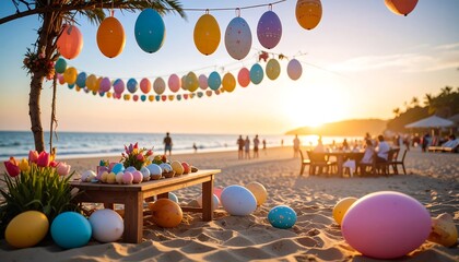 Colorful Easter Eggs on Sandy Beach at Sunset Party