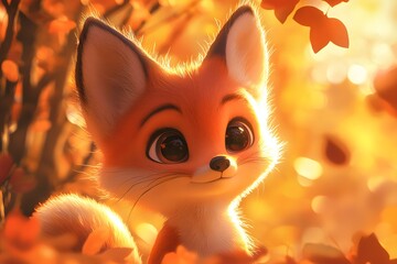 Cute Cartoon Fox Surrounded by Autumn Leaves in Soft Light