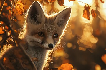 Adorable Young Fox in Autumn Leaves with Soft Golden Light