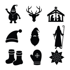 A set of nine black silhouette vector icons featuring Santa, reindeer, nativity scene, shepherd, hat, beard, socks, mitten, and poinsettia for Christmas design use.