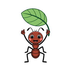 Cute Cartoon Ant Holding Green Leaf and Smiling, Funny Insect Character Illustration for Kids Education, Nature Themes, and Children’s Learning Materials.