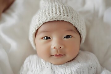 Adorable Infant Smiling in Cozy Knit Hat and Sweater on Soft Blanket