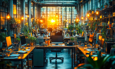 Empty modern open plan office interior filled with desks computers green plants natural light through large industrial windows at sunset
