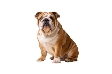 English bulldog with tan and white coat sitting upright in formal pose, isolated on a transparent background