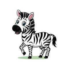 Cute Cartoon Zebra with Big Blue Eyes and Happy Smile Standing on Grass, Black and White Stripes, Isolated on White Background.