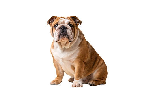 English bulldog with tan and white coat sitting upright in formal pose, isolated on a transparent background